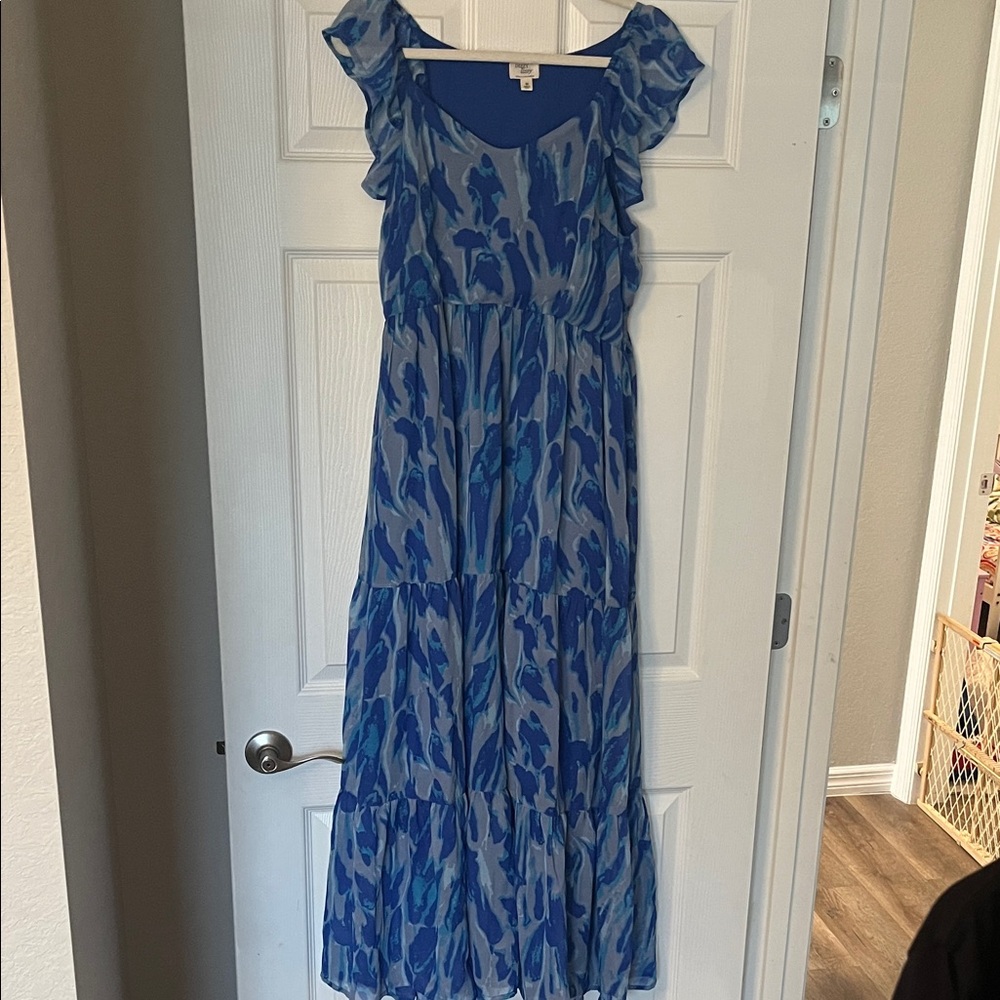 Blue and White Ruffle Maxi Dress
